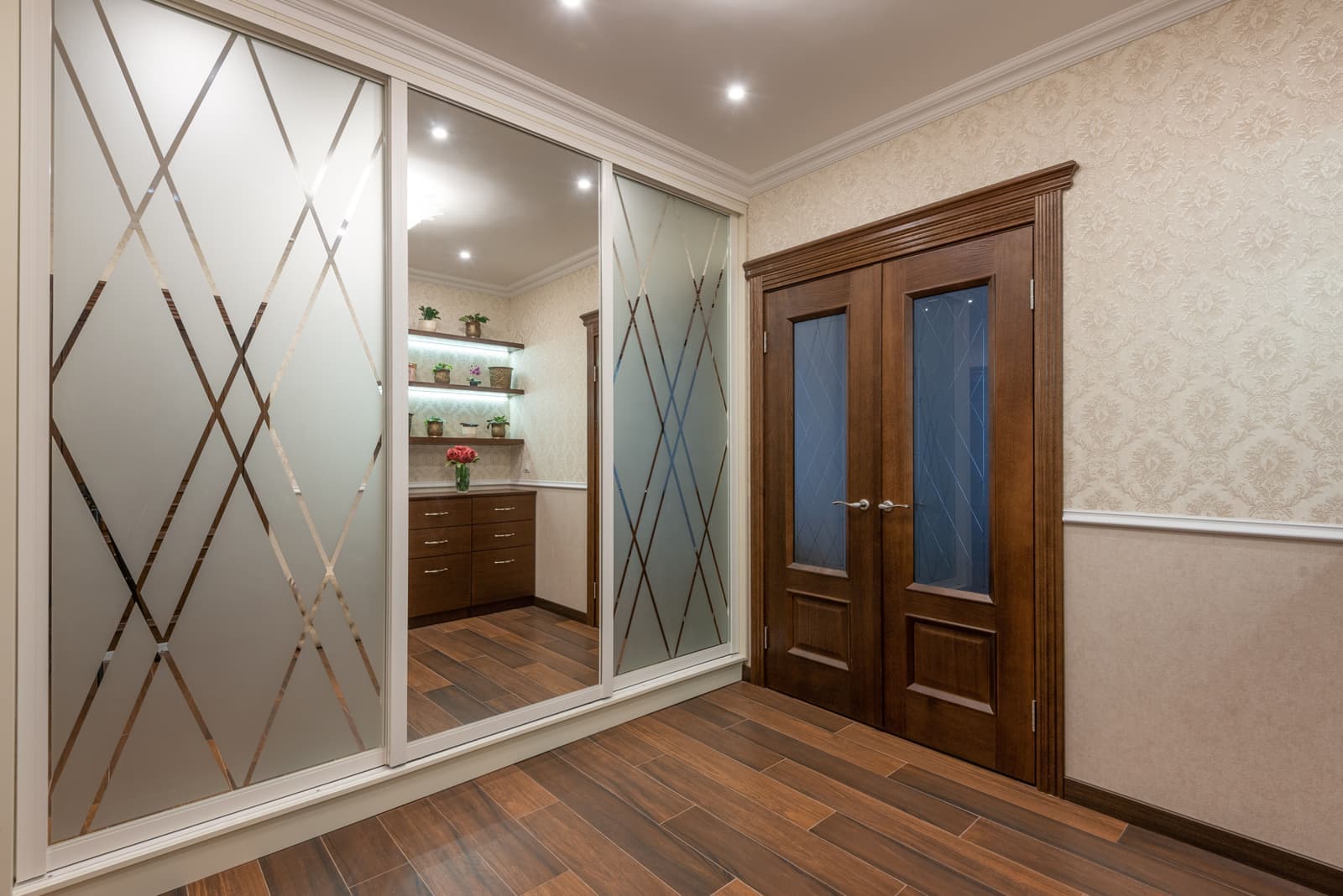 A frosted glass door panel with a patterned finish