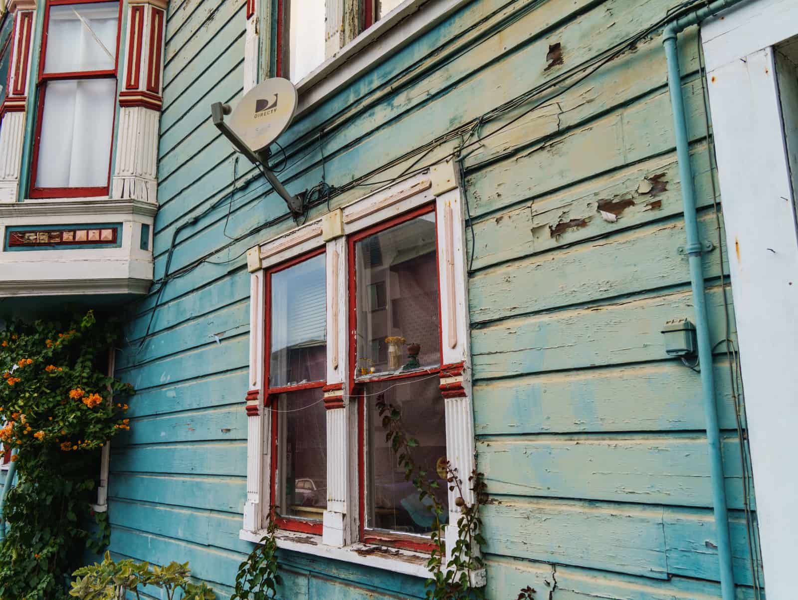 Painted wooden window trim viewed close up